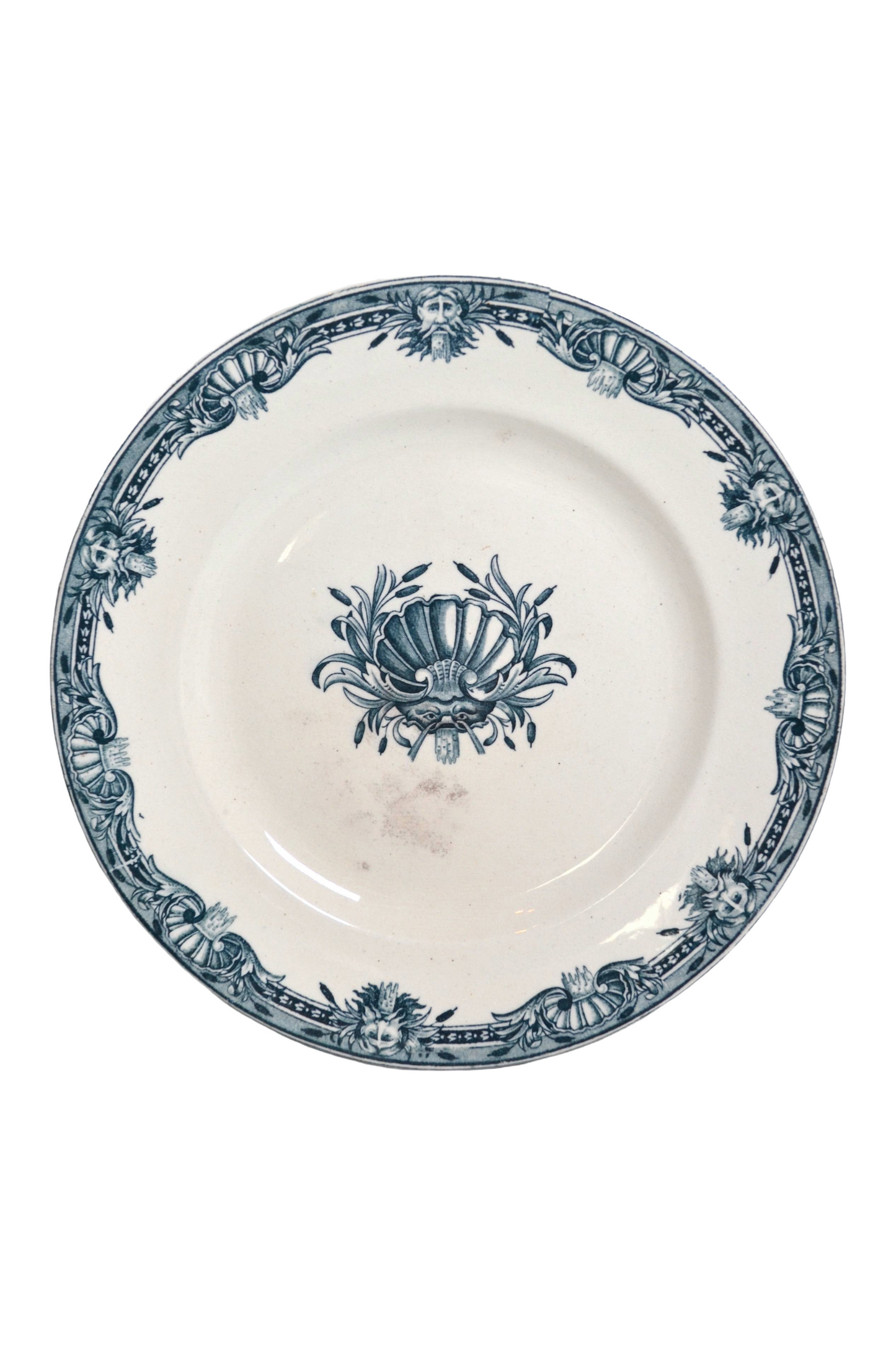 Assiette plate vintage en céramique Terre de Fer – Motif roseaux et coquillages
