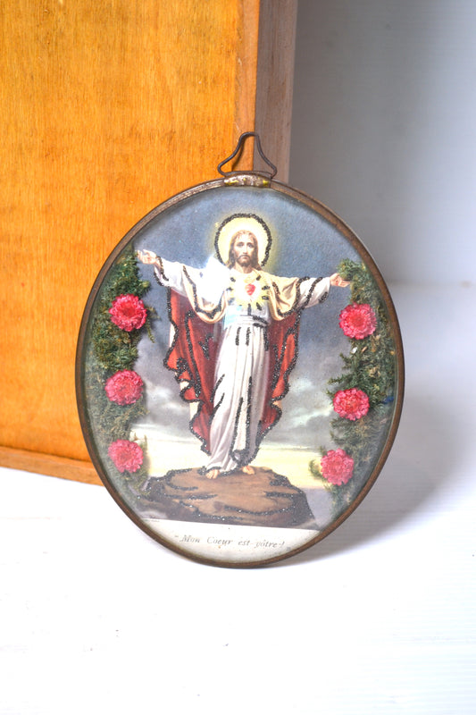 Cadre bombé religieux Christ au cœur flamboyant