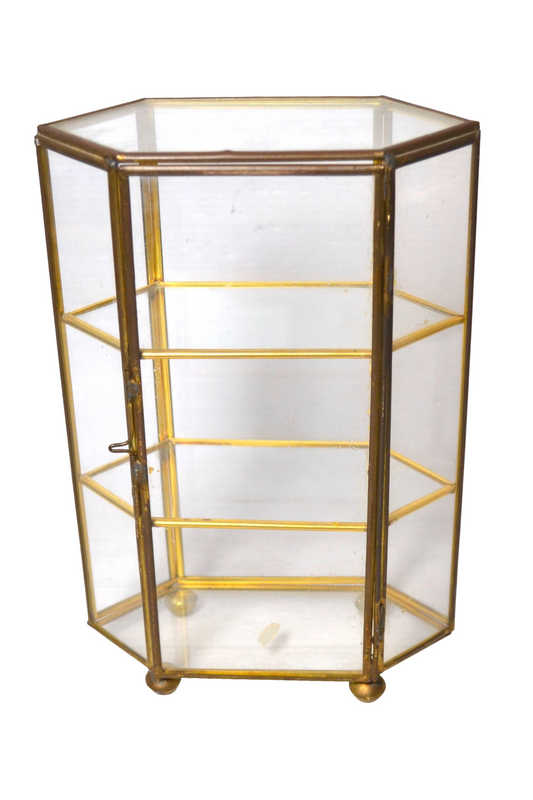 Ancienne vitrine à bijoux en verre et laiton