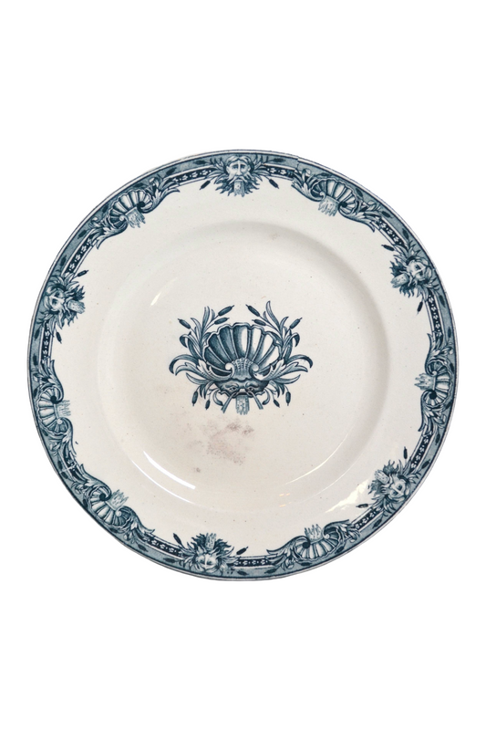 Assiette plate vintage en céramique Terre de Fer – Motif roseaux et coquillages